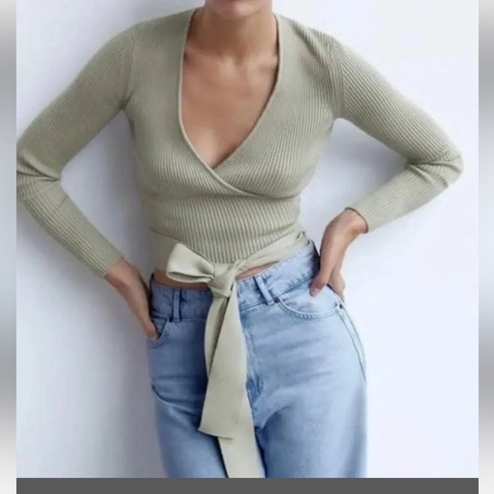 Zara Sage Green Wrap Ribbed V-Neck Sweater